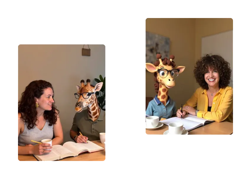 Занятия Speaking Lab: преподаватель, ученица и жираф за одним столом